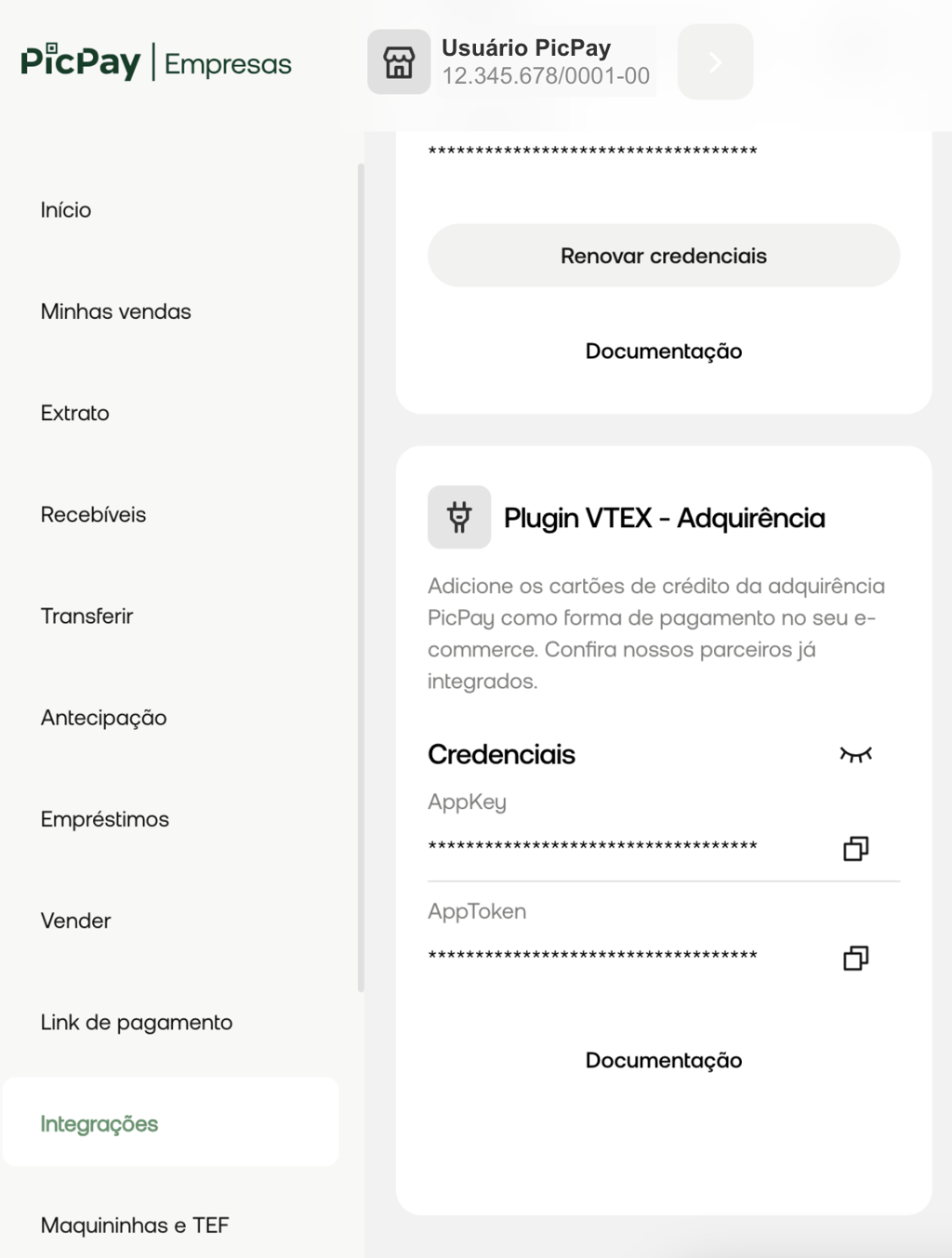 Tela de chave VTEX